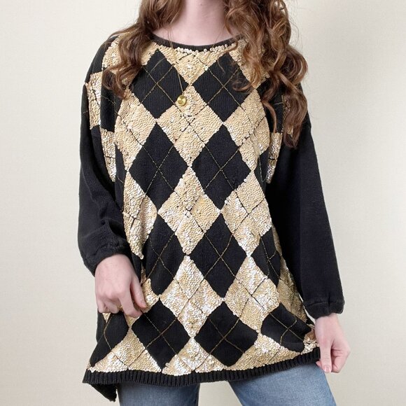 Rare Vintage Sequin Beaded Argyle Preppy Christmas Holiday Sweater / Mini Dress - Picture 1 of 6